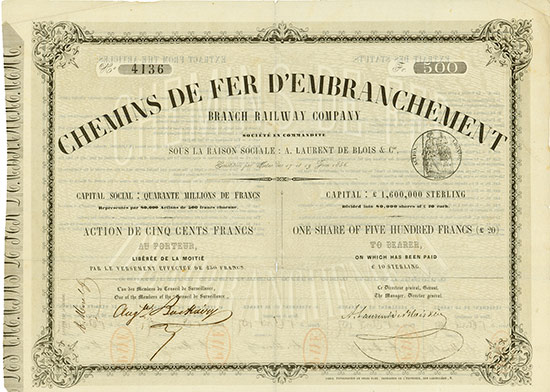 Chemins de Fer d'Embranchement sous la raison sociale: A. Laurent de Blois & Cie. / Branch Railway Company