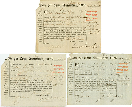 England: Four per Cent. Annuities, 1826 [3 Stück]