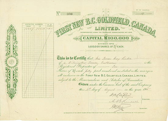 First New B.C. Goldfields, Canada, Limited