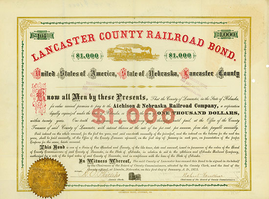 Lancaster County Railroad Bond - in aid of Atchison & Nebraska Railroad Company