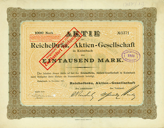 Aktien-Gesellschaft Reichelbräu in Kulmbach / Reichelbräu AG in Kulmbach