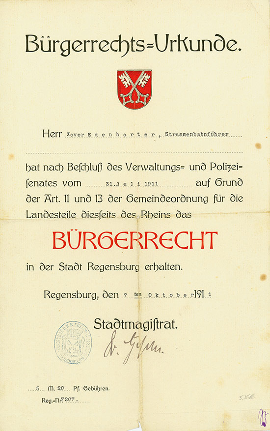 Bürgerrechts-Urkunde Regensburg