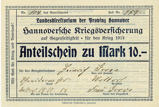 Hannoversche Kriegsversicherung auf Gegenseitigkeit für den Krieg 1914