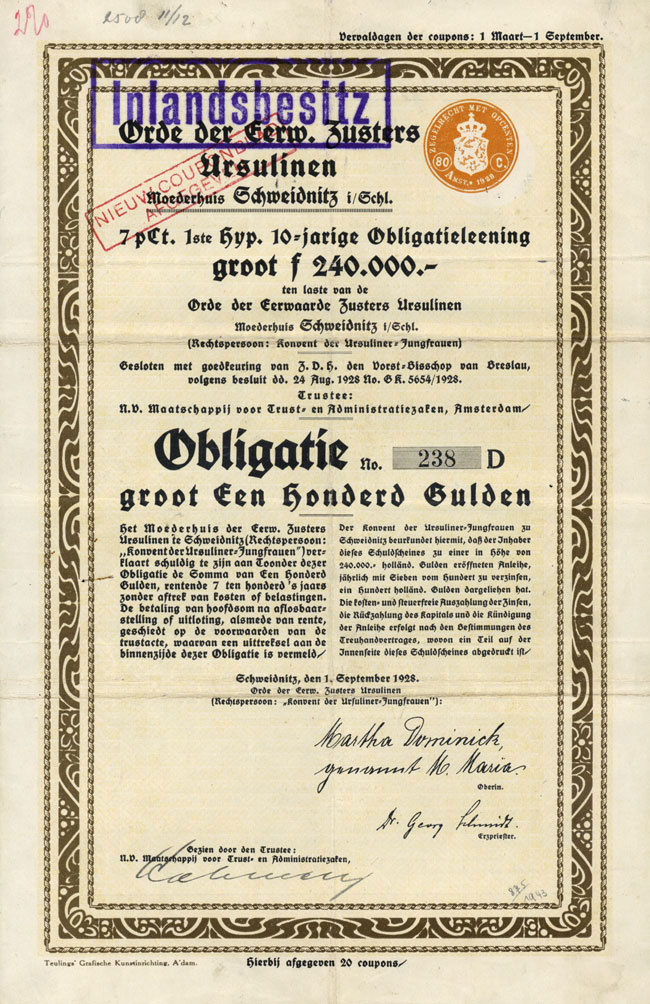 Orde der Eerw. Zusters Ursulinen, Moederhuis Schweidnitz in Schlesien