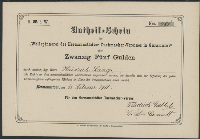Wollspinnerei des Hermannstädter Tuchmacher-Vereins in Gurariului