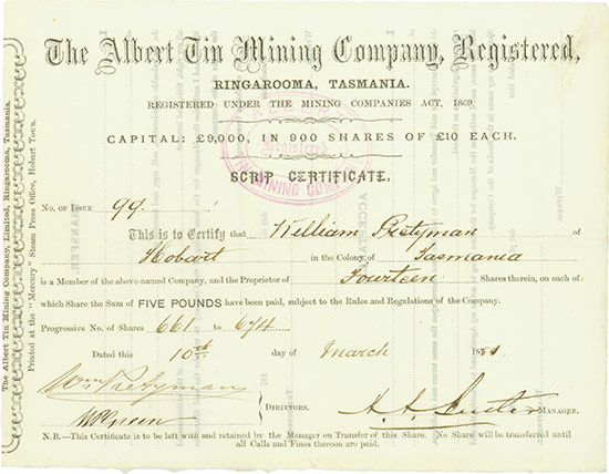Albert Tin Mining Company, Registered