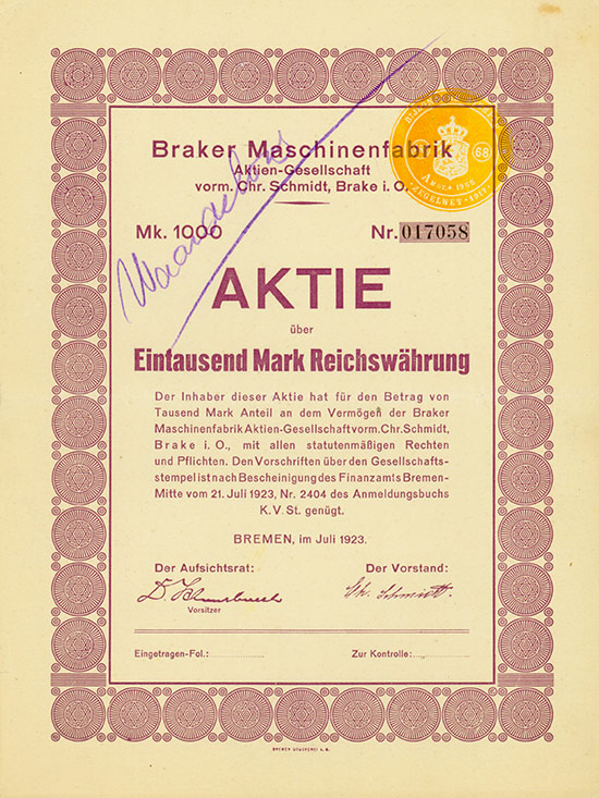 Braker Maschinenfabrik Aktien-Gesellschaft vorm. Chr. Schmidt