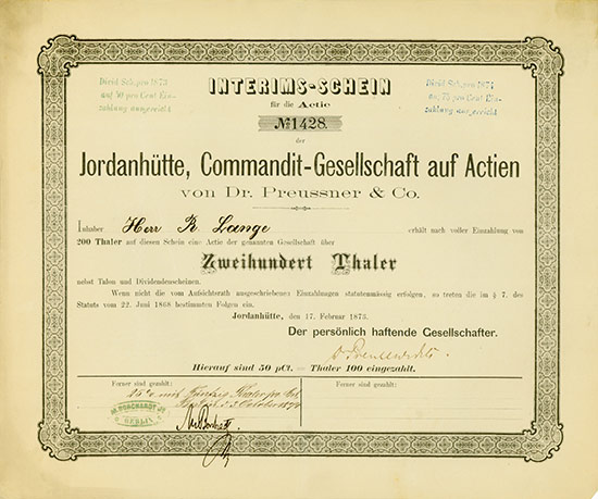 Jordanhütte Commandit-Gesellschaft auf Actien von Dr. Preussner & Co.