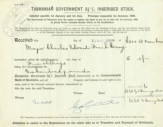 Tasmanian Government 3,5 % Inscribed Stock