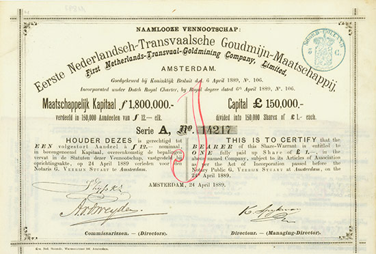 Naamlooze Vennootschap: Eerste Nederlandsch-Transvaalsche Goudmijn-Maatschappij (First Netherlands-Transvaal-Goldmining Company Limited) [2 Stück]