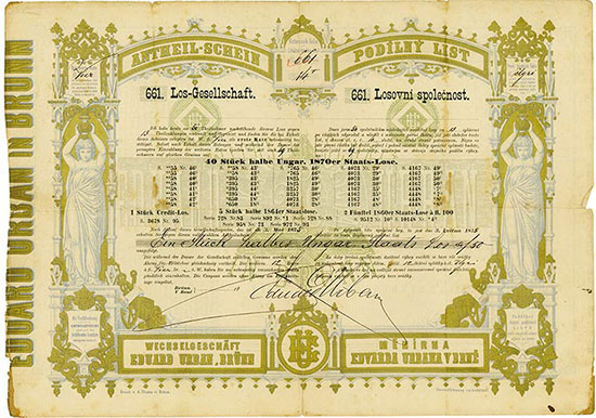 Wechselgeschäft Eduard Urban, Brünn - 661. Los-Gesellschaft Ungar. 1870er Staats-Lotterie