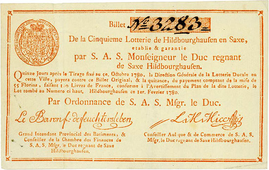 Cinquieme Lotterie de Hildbourghausen en Saxe etablie & garantie par S. A. S. Monseigneur de Duc regant de Saxe Hildbourghausen