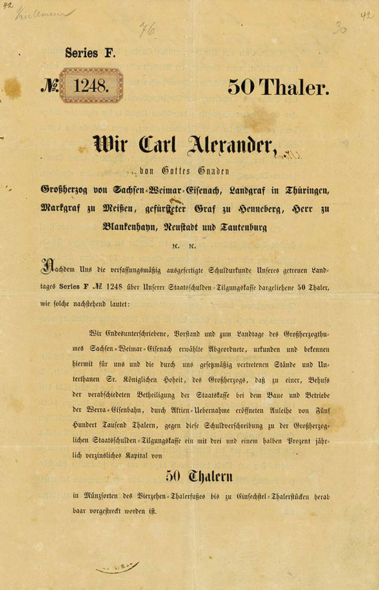 Werra-Eisenbahn / Carl Alexander, von Gottes Gnaden Großherzog von Sachsen-Weimar-Eisenach, Landgraf in Thüringen, Markgraf zu Meißen etc. etc.