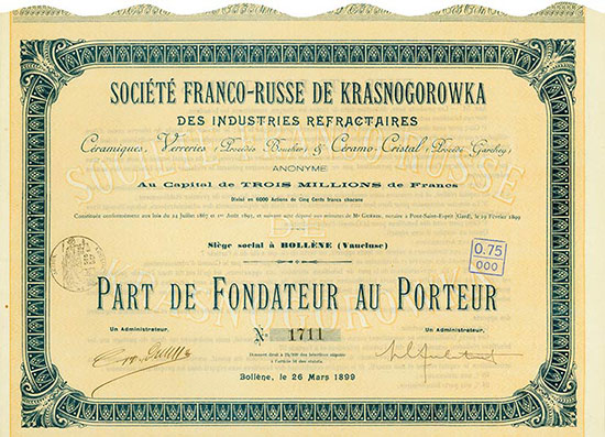 Société Franco-Russe de Krasnogorowka des Industries Refractaires Céramiques, Verreries (Procédés Boucher) & Céramo-Cristal (Procédé Garchey) Anonyme