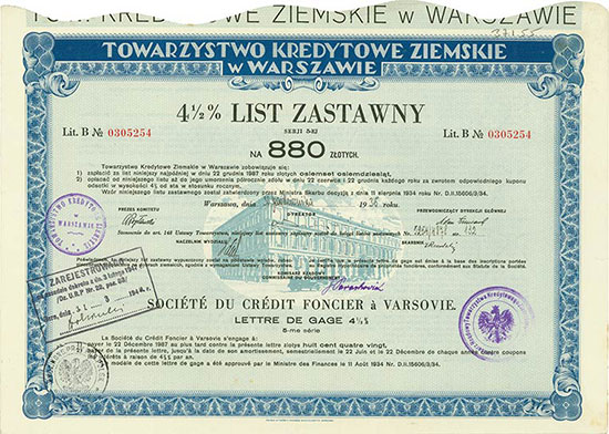Towarzystwo Kredytowe Ziemskie w Warszawie / Société du Crédit Foncier à Varsovie [3 Stück]