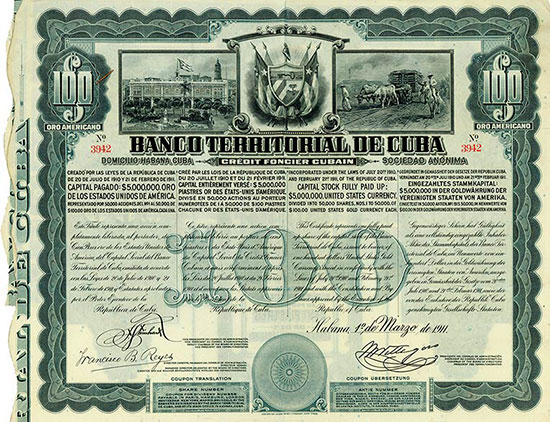 Banco Territorial de Cuba / Crédit Foncier Cubain [2 Stück]