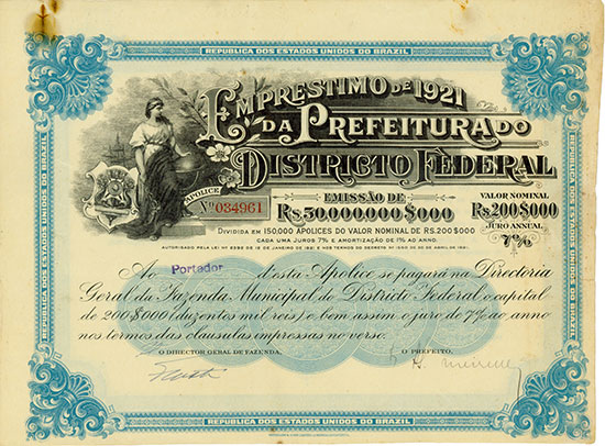 Republica dos Estados Unidos do Brazil - Emprestimo de 1921 da Prefeitura do Districto Federal