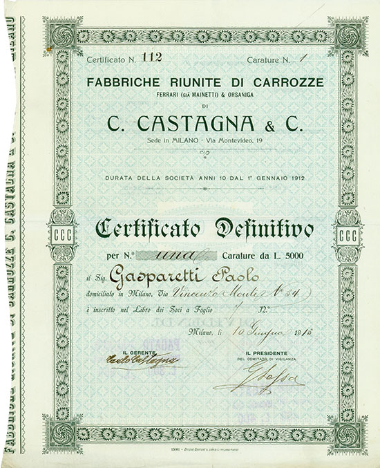 Fabbriche Riunite di Carrozze Ferrari (Gia Mainetti) & Orsaniga di C. Castagna & C.