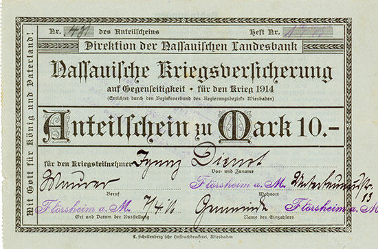 Nassauische Kriegsversicherung auf Gegenseitigkeit – für den Krieg 1914, Wiesbaden - Direktion der Nassauischen Landesbank