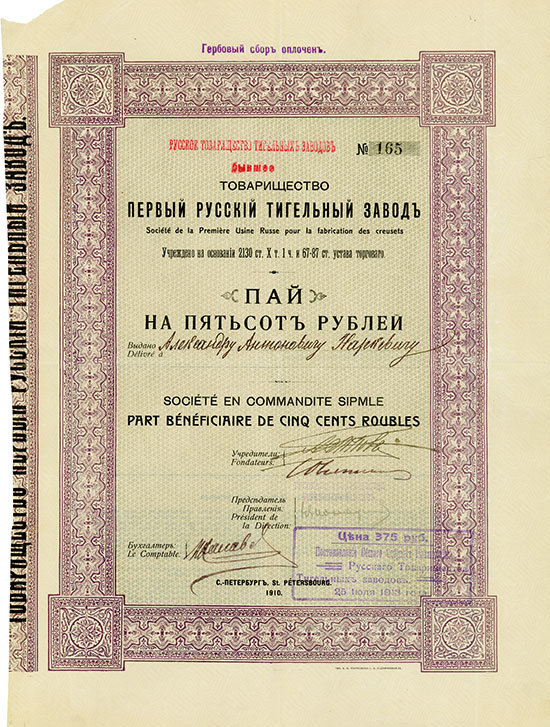 Russische Gesellschaft der Tiegelwerke ehemals Gesellschaft Erstes Russisches Tiegelwerk / Société de la Premiére Usine Russe pour la fabrication des creusets