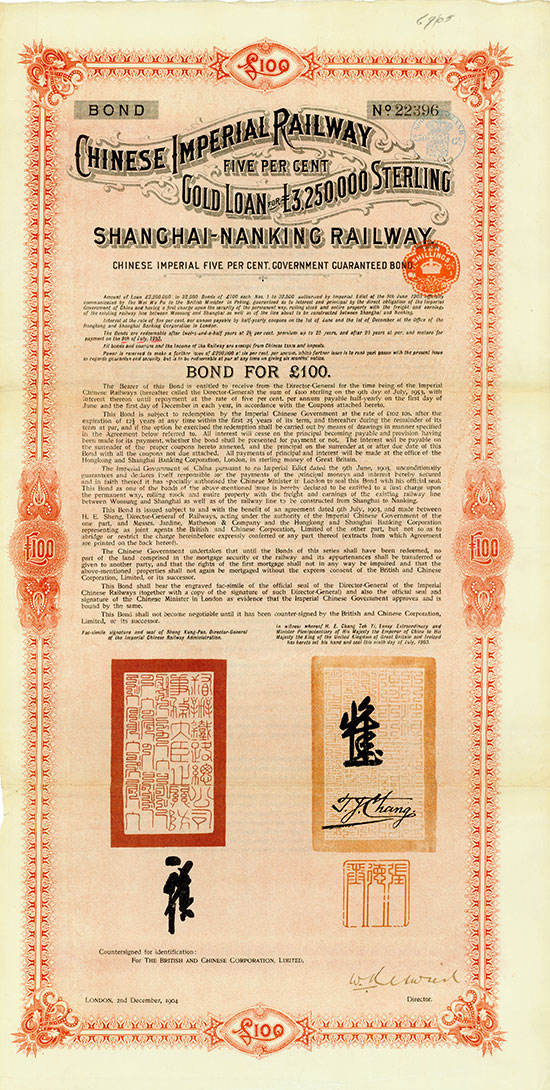 Chinese Imperial Railway Gold Loan (Shanghai-Nanking Railway, Kuhlmann 115)