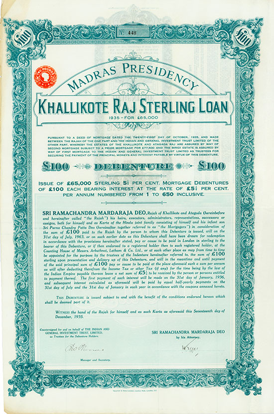 Madras Presidency Kallikote Raj Sterling Loan 1935