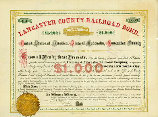 Lancaster County Railroad Bond - in aid of Atchison & Nebraska Railroad Company