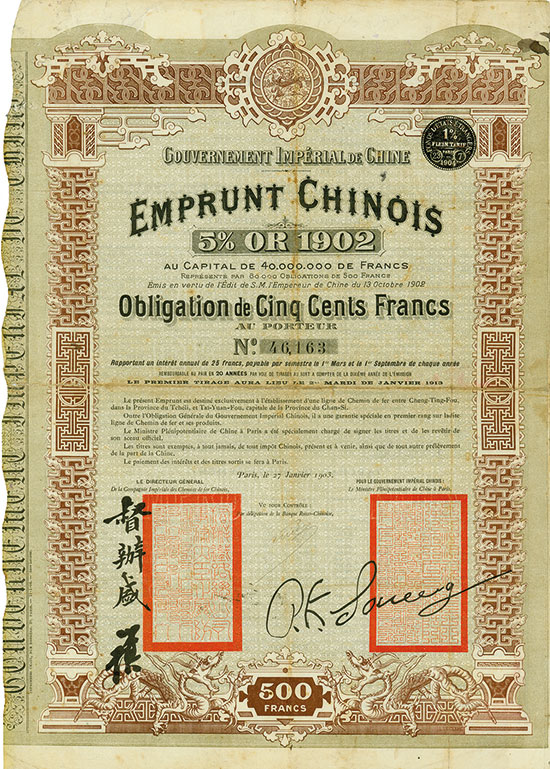 Gouvernement Impérial de Chine - Emprunt Chinois 5 % Or 1902 (Cheng-Tail Railway, Kuhlmann 110)