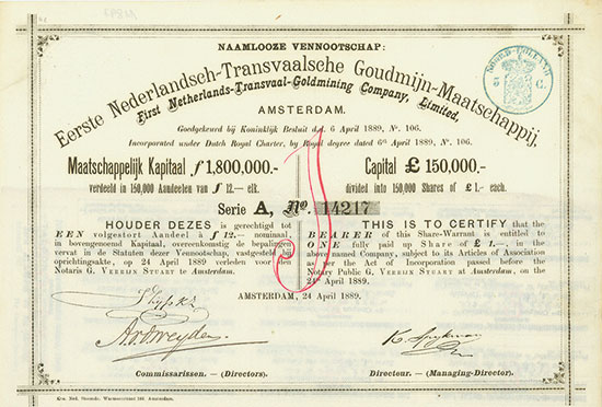 Naamlooze Vennootschap: Eerste Nederlandsch-Transvaalsche Goudmijn-Maatschappij (First Netherlands-Transvaal-Goldmining Company Limited) [2 Stück]