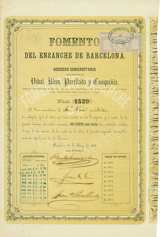 Fomento del Ensanche de Barcelona Sociedad Comanditaria bajo la razon Social de Vidal, Klein, Parellada y Compañia