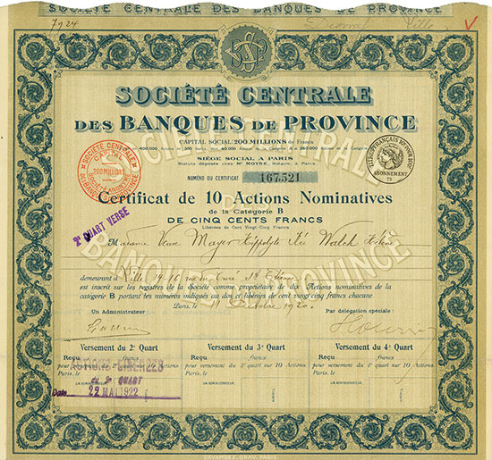 Société Centrale des Banques de Province [2 Stück]