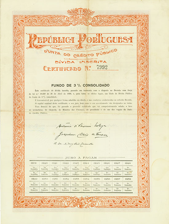 República Portuguesa - Junta do Crédito Público - Dívida Inscrita - Fundo de 3% Consolidado
