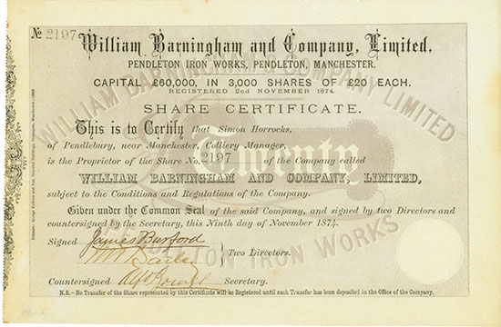William Barningham and Company, Limited Pendleton Iron Works, Pendleton, Manchester