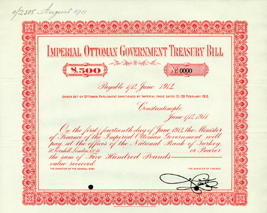Imperial Ottoman Gouvernment Treasury Bill