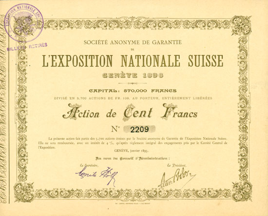 Société Anonyme de Garantie de lExposition Nationale Suisse Genéve 1896