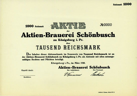 Aktien-Brauerei Schönbusch zu Königsberg i. Pr.