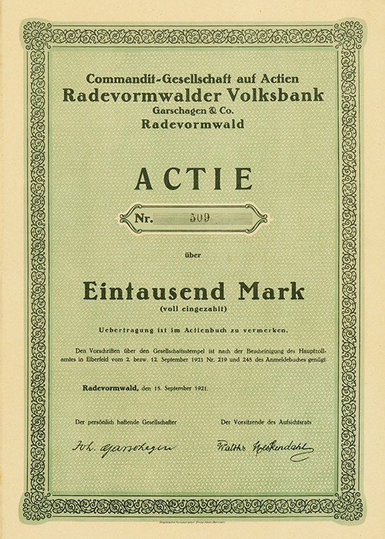 Commandit-Gesellschaft auf Aktien Radevormwalder Volksbank Garschagen & Co.