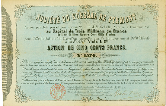 Société du Kursaal de Pyrmont pour l'Exploitation du Privilége accordé par le Gouvernement de Waldeck á la Société Viala & Co.