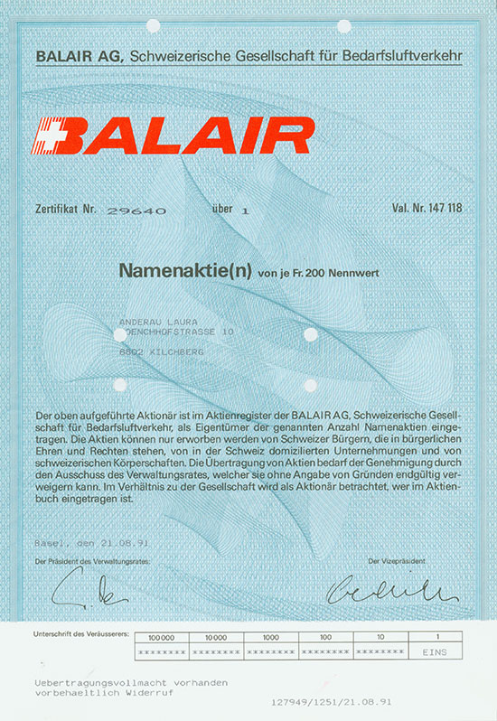 BALAIR AG, Schweizerische Gesellschaft für Bedarfsluftverkehr