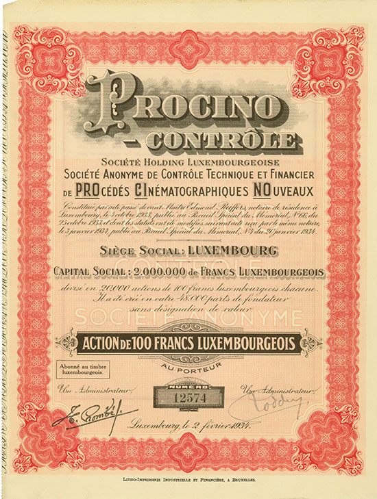 Procino-Contrôle Société Holding Luxembourgeoise Société Anonyme de contrôle technique et financier de procédés cinématographiques nouveaux