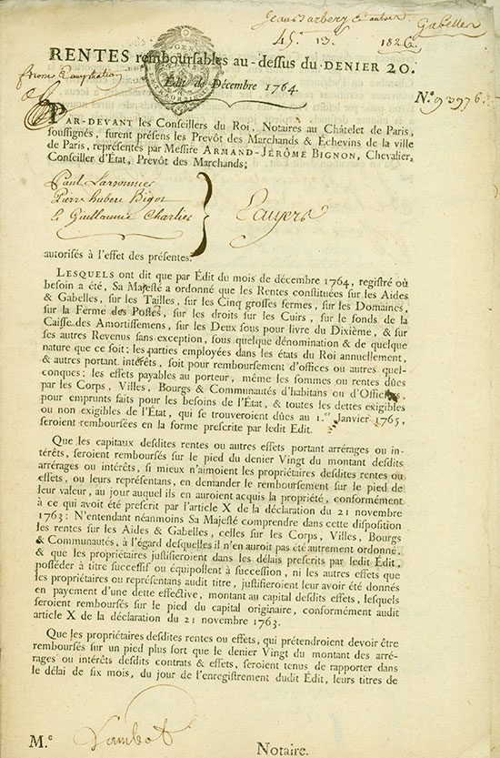 Rentes remboursables au - dessus Denier 20 - Édit de Décembre 1764