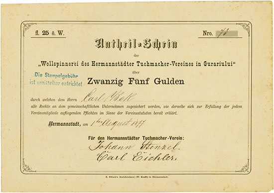 Wollspinnerei des Hermannstädter Tuchmacher-Vereines in Gurariului