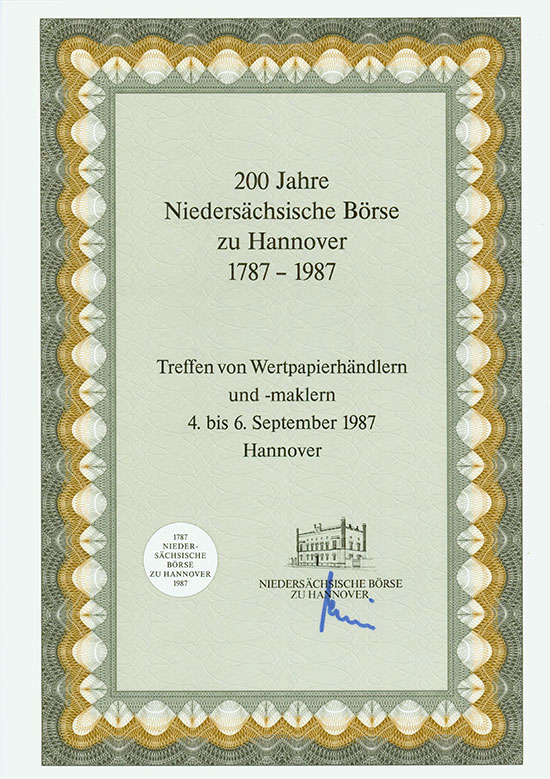200 Jahre Niedersächsische Börse zu Hannover 1787 - 1987