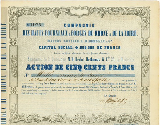 Compagnie des Hauts-Fourneaux & Forges du Rhône & de la Loire. Raison Sociale: A. B. Brissac & Cie.