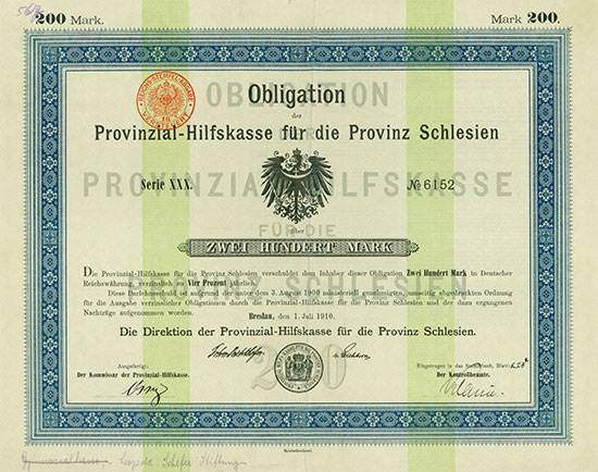 Provinzial-Hilfskasse für die Provinz Schlesien [2 Stück]