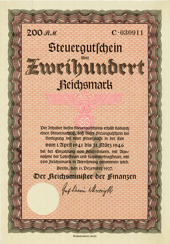 Deutsches Reich: Steuergutschein Serie B 200 RM 1937 [2 Stück]