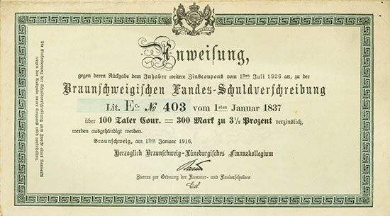 Herzoglich Braunschweig-Lüneburgisches Finanzkollegium [3 Kuponsbögen]