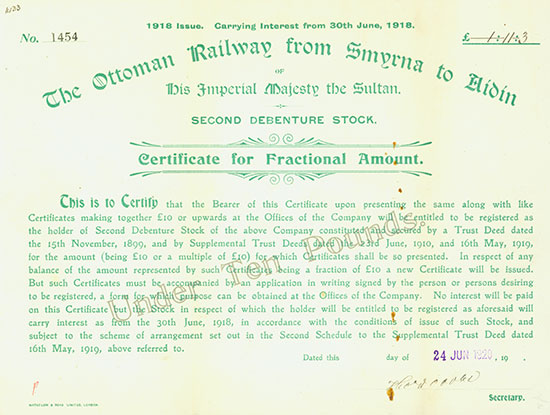 Ottoman Railway from Smyrna to Aidin of His Imperial Majesty the Sultan