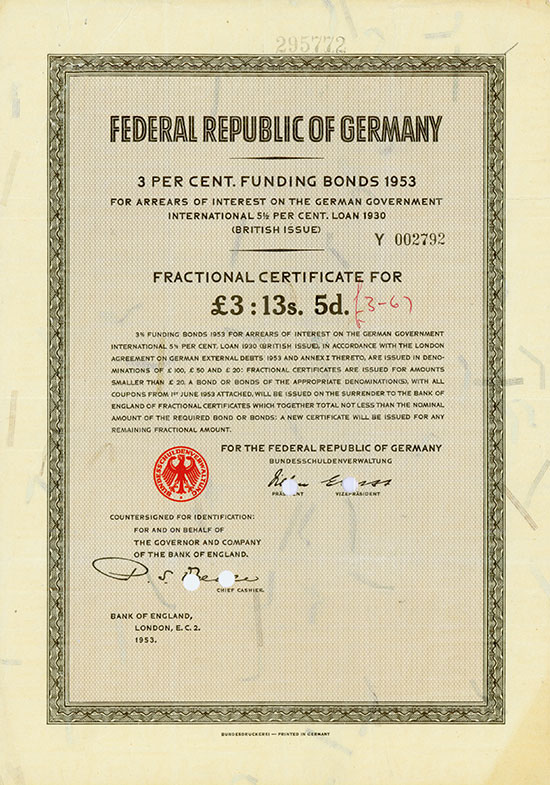 Federal Republic of Germany - 3 Per Cent. Funding Bonds 1953