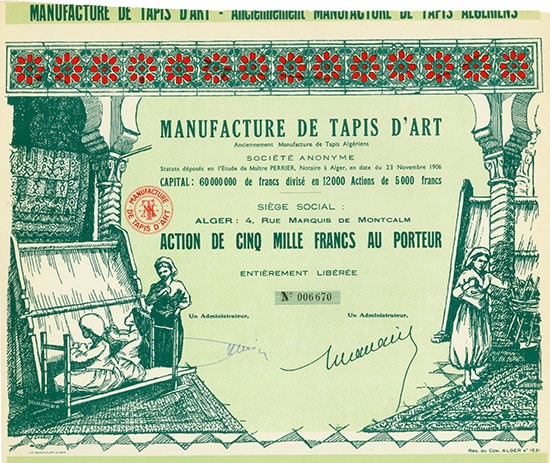 Manufacture de Tapis d'Art, Anciennement Manufacture de Tapis Algériens Société Anonyme